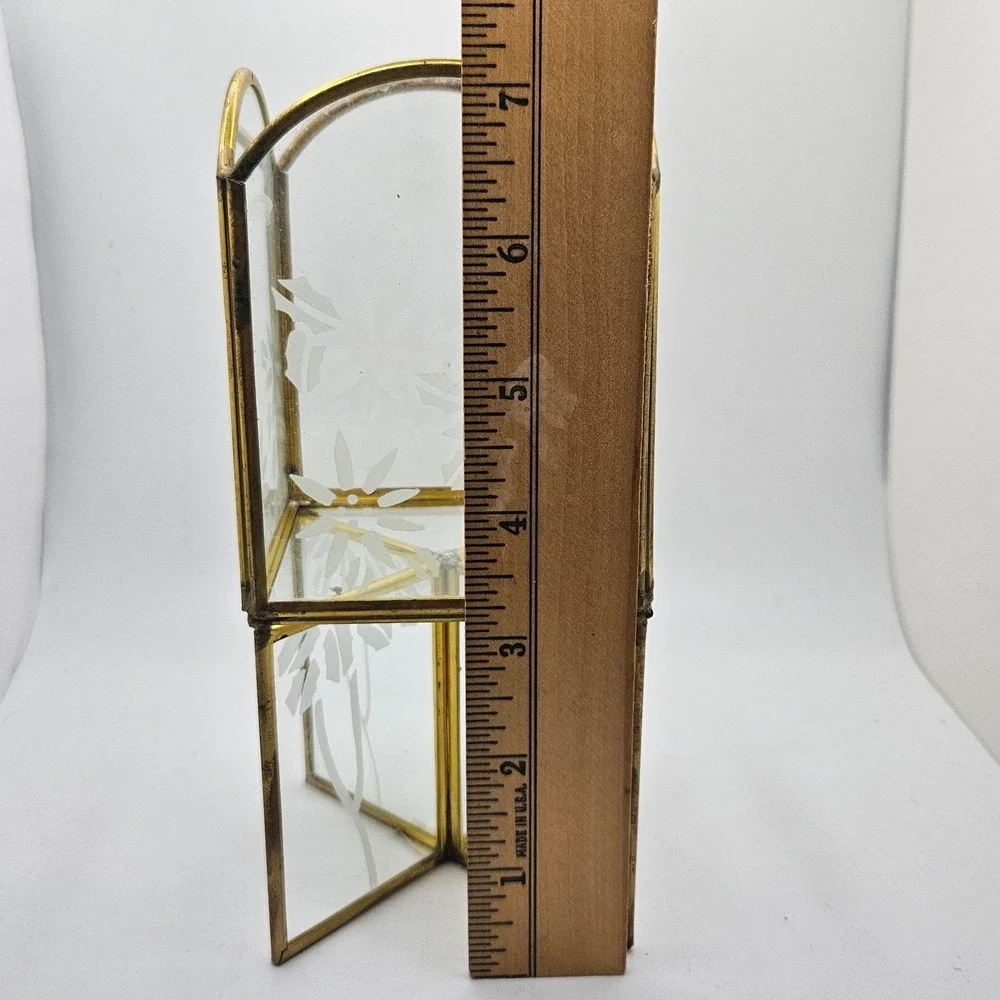 Vintage‎ FTD 1993 Brass Tone Etched Glass Jewelry Holder Trinket Organizer